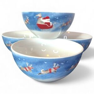 North Pole Christmas Santa & Reindeer Serving Bowls 4x Blue Red White Like New